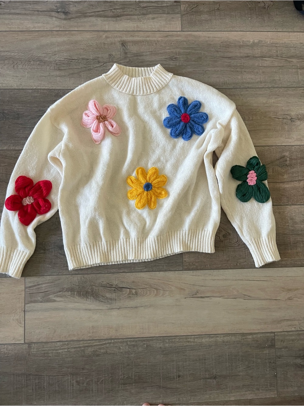 3D Colorful Flower Applique Mock Neck Sweater - Cream/Ivory - Size Small